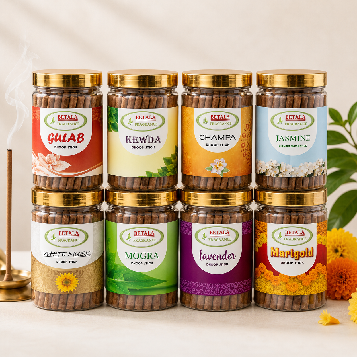 Betala Fragrance 8 in 1 Jasmine, Marigold, Champa, Lavender, White Musk, Gulab, Kewda & Mogra Dhoop Stick Promotional Bundle (100 g X 8 Pack)