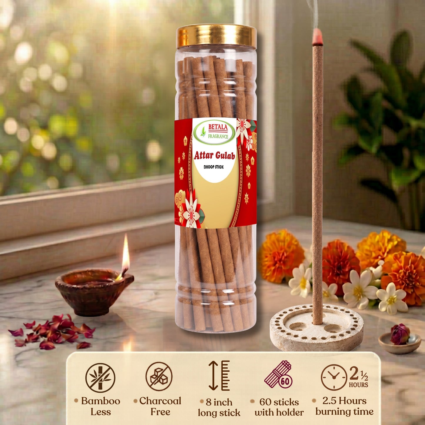 Betala Fragrance Attar Gulab 8" inch Long Perfumed Dhoop Stick, 60 count