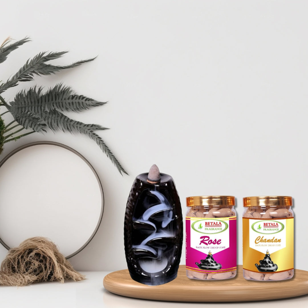 BLACK CERAMIC FOUNTAIN SMOKE WATERFALL BACKFLOW BURNER + 2 PACK DHOOP CONE, CHANDAN, ROSE (50 PCS)