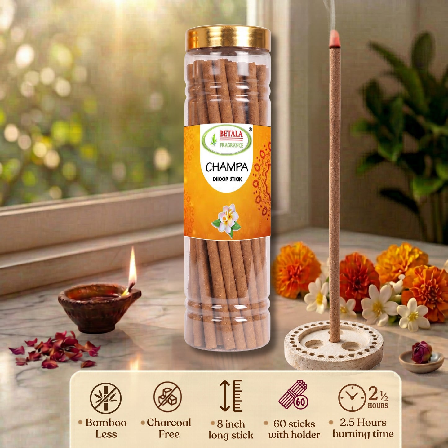 Betala Fragrance Champa 8" inch Long Perfumed Dhoop Stick, 60 count