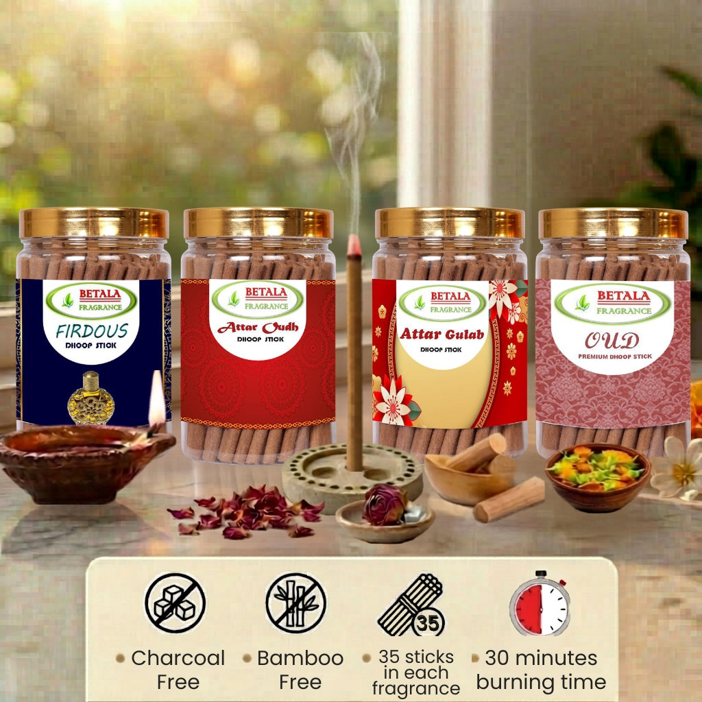 Betala Fragrance Firdous, Attar Oud, Oudh, Attar Gulab Dhoop Stick Promotional Bundle (100 g X 4 Pack)