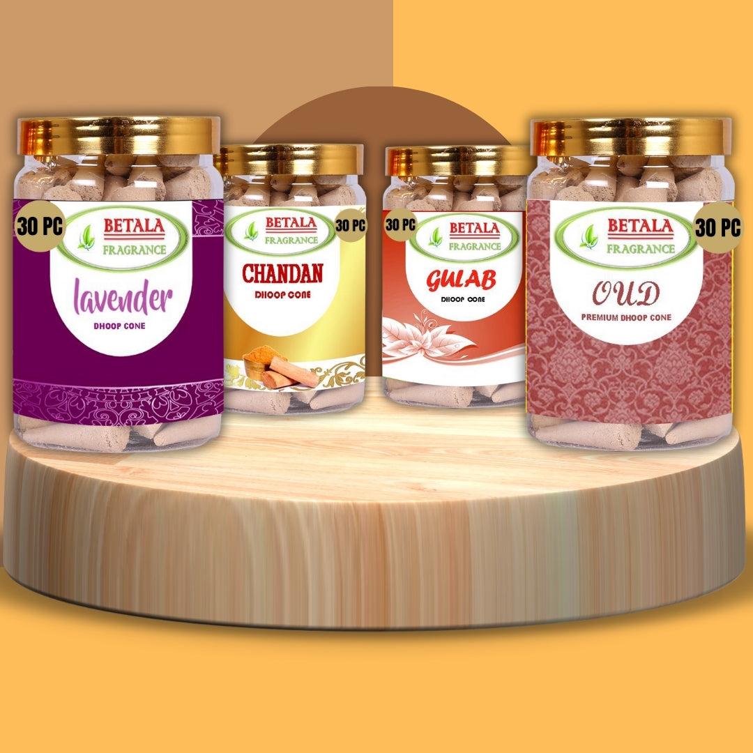 Chandan, Gulab, Lavender & Oud Dhoop Cone Promotional Bundle (30 pc X 4 Pack)
