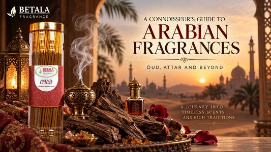 Betala Fragrance oud incense sticks with oud wood, attar bottle, bakhoor burner, and Arabian-inspired décor against a sunset desert backdrop, representing traditional Arabian fragrances and rich oud aromas.