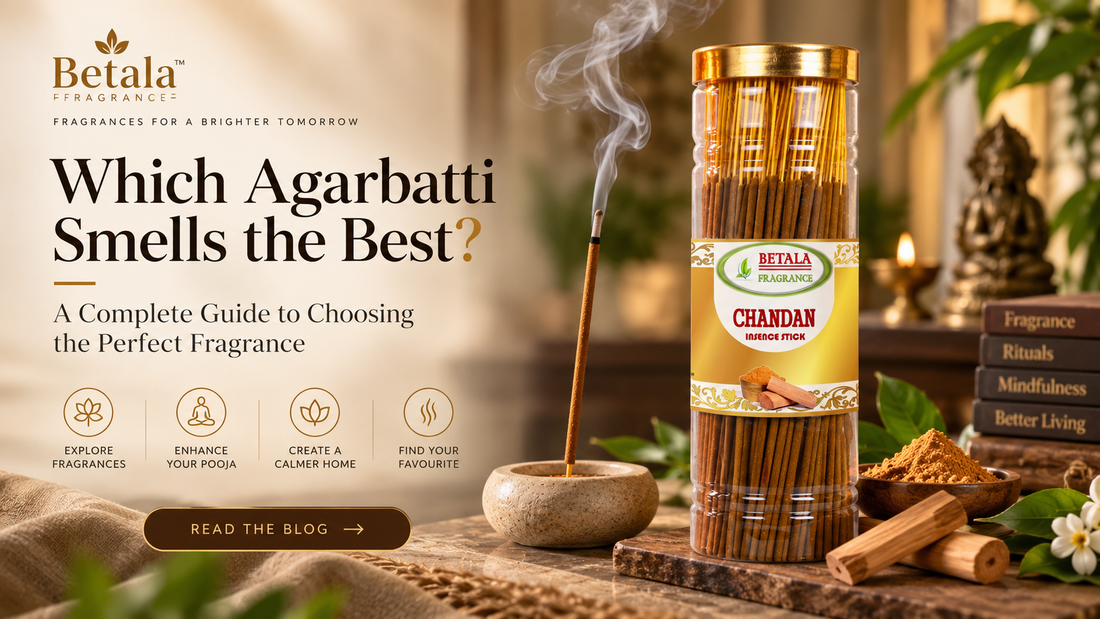 Betala Fragrance Chandan incense stick jar with sandalwood, burning incense, and a serene pooja setting, featured in a guide to choosing the best-smelling agarbatti.