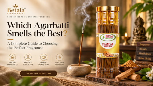 Betala Fragrance Chandan incense stick jar with sandalwood, burning incense, and a serene pooja setting, featured in a guide to choosing the best-smelling agarbatti.