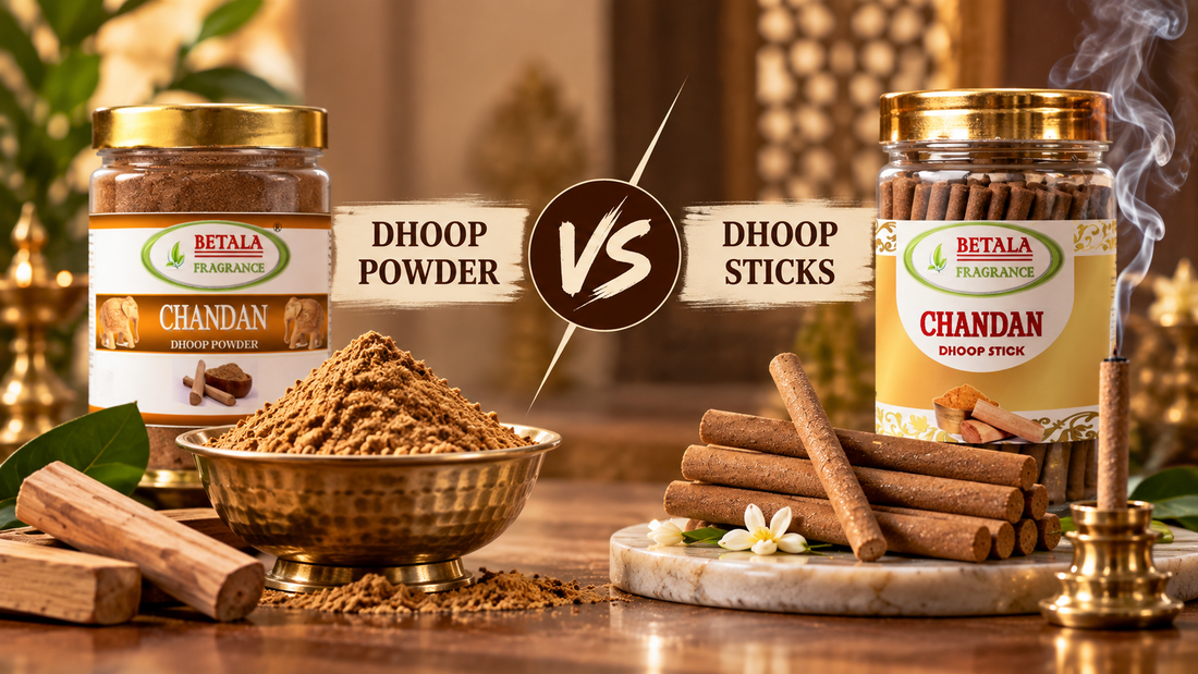 Betala Fragrance Chandan Dhoop Powder and Chandan Dhoop Sticks compared side by side with their product jars, aromatic smoke, sandalwood, and a warm Indian devotional setting.