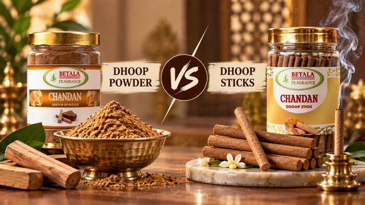 Betala Fragrance Chandan Dhoop Powder and Chandan Dhoop Sticks compared side by side with their product jars, aromatic smoke, sandalwood, and a warm Indian devotional setting.