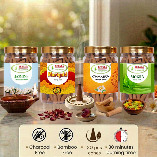 Betala Fragrance Jasmine, Marigold, Champa & Mogra Cone Promotional Bundle (30 pc X 4 Pack)
