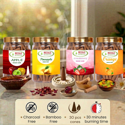 Betala Fragrance Apple, Pineapple, Strawberry & Orange Dhoop Cone Promotional Bundle (30 pc X 4 Pack)