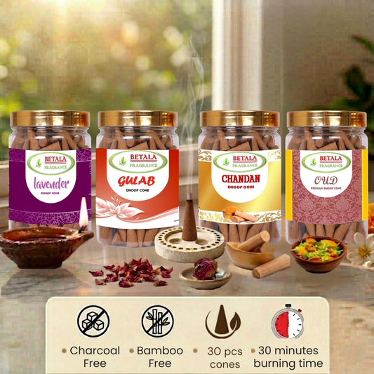 Betala Fragrance Chandan, Gulab, Lavender & Oud Dhoop Cone Promotional Bundle (30 pc X 4 Pack)