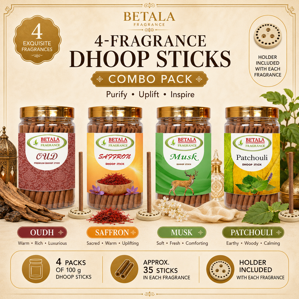 Betala Fragrance Musk, Oudh, Patchouli & Saffron Dhoop Stick Promotional Bundle (100 g X 4 Pack)