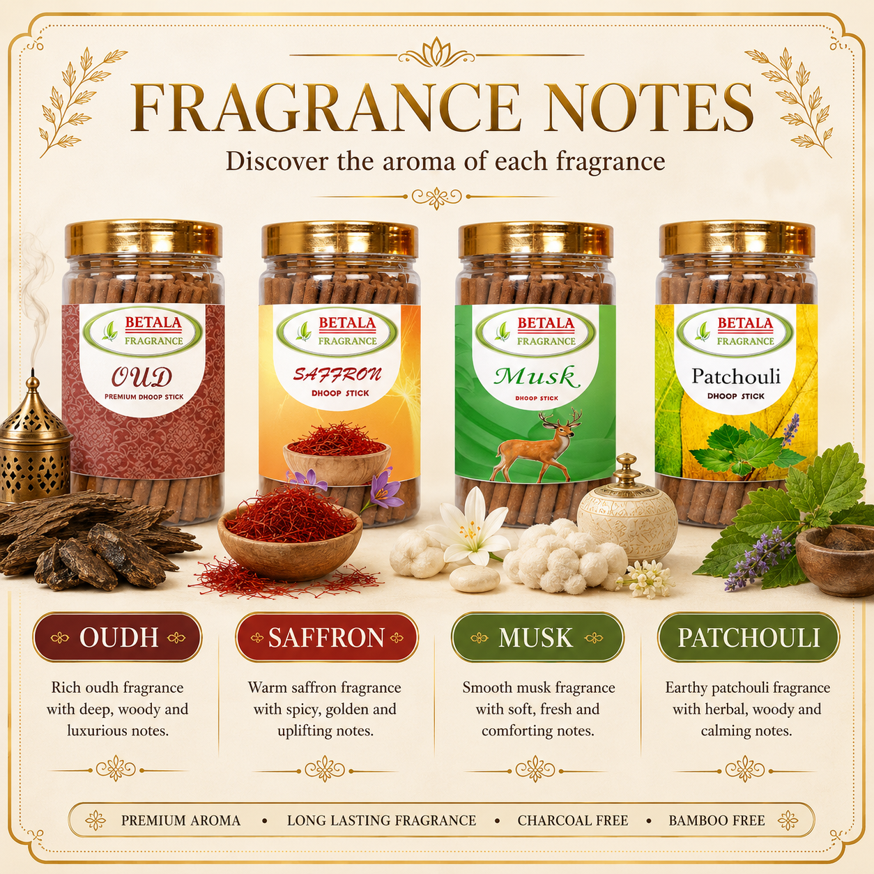 Betala Fragrance Musk, Oudh, Patchouli & Saffron Dhoop Stick Promotional Bundle (100 g X 4 Pack)