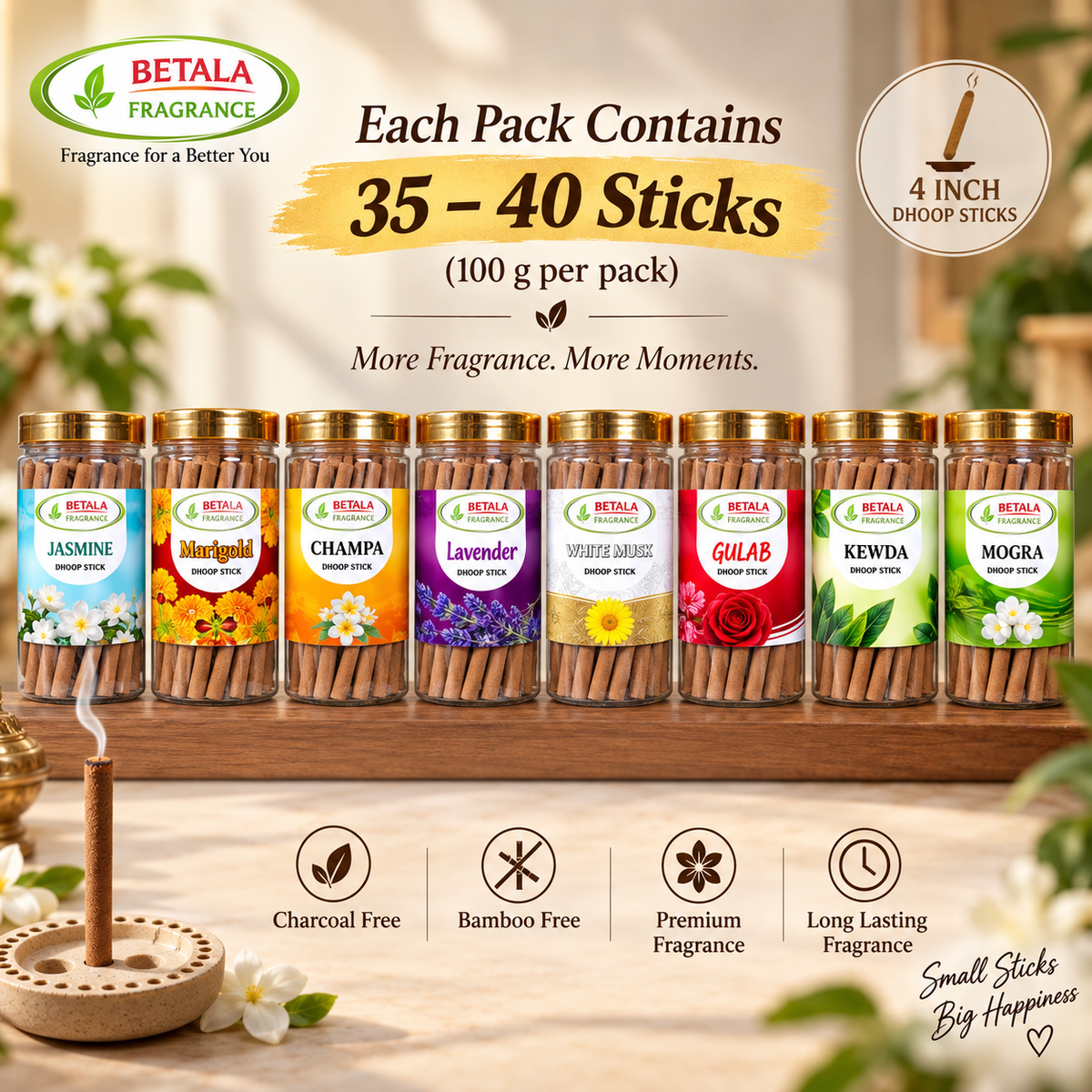 Betala Fragrance 8 in 1 Jasmine, Marigold, Champa, Lavender, White Musk, Gulab, Kewda & Mogra Dhoop Stick Promotional Bundle (100 g X 8 Pack)