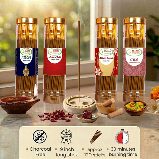 Betala Fragrance Firdous, Attar Oud, Oudh, Attar Gulab Agarbatti Promotional Bundle (100 g X 4 Pack)
