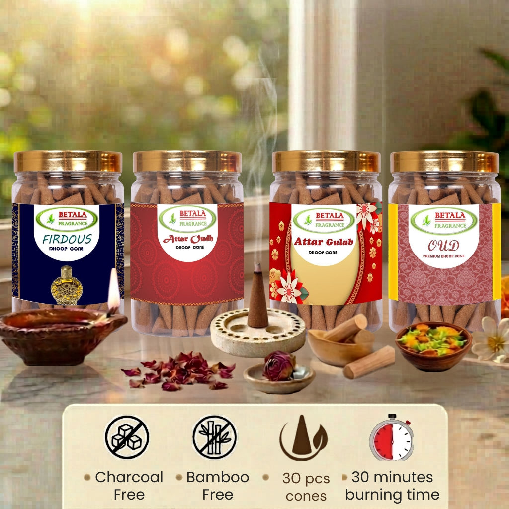 Betala Fragrance Firdous, Attar Gulab, Attar Oudh & Oud Dhoop Cone Promotional Bundle (30 pc X 4 Pack)