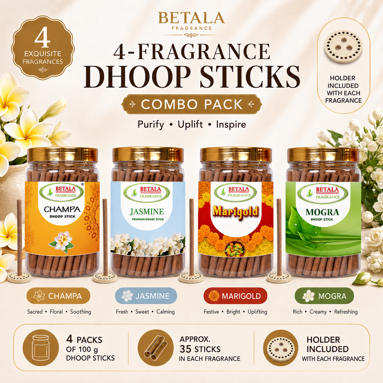 Betala Fragrance Jasmine, Marigold, Champa & Mogra Dhoop Stick Promotional Bundle (100 g X 4 Pack)