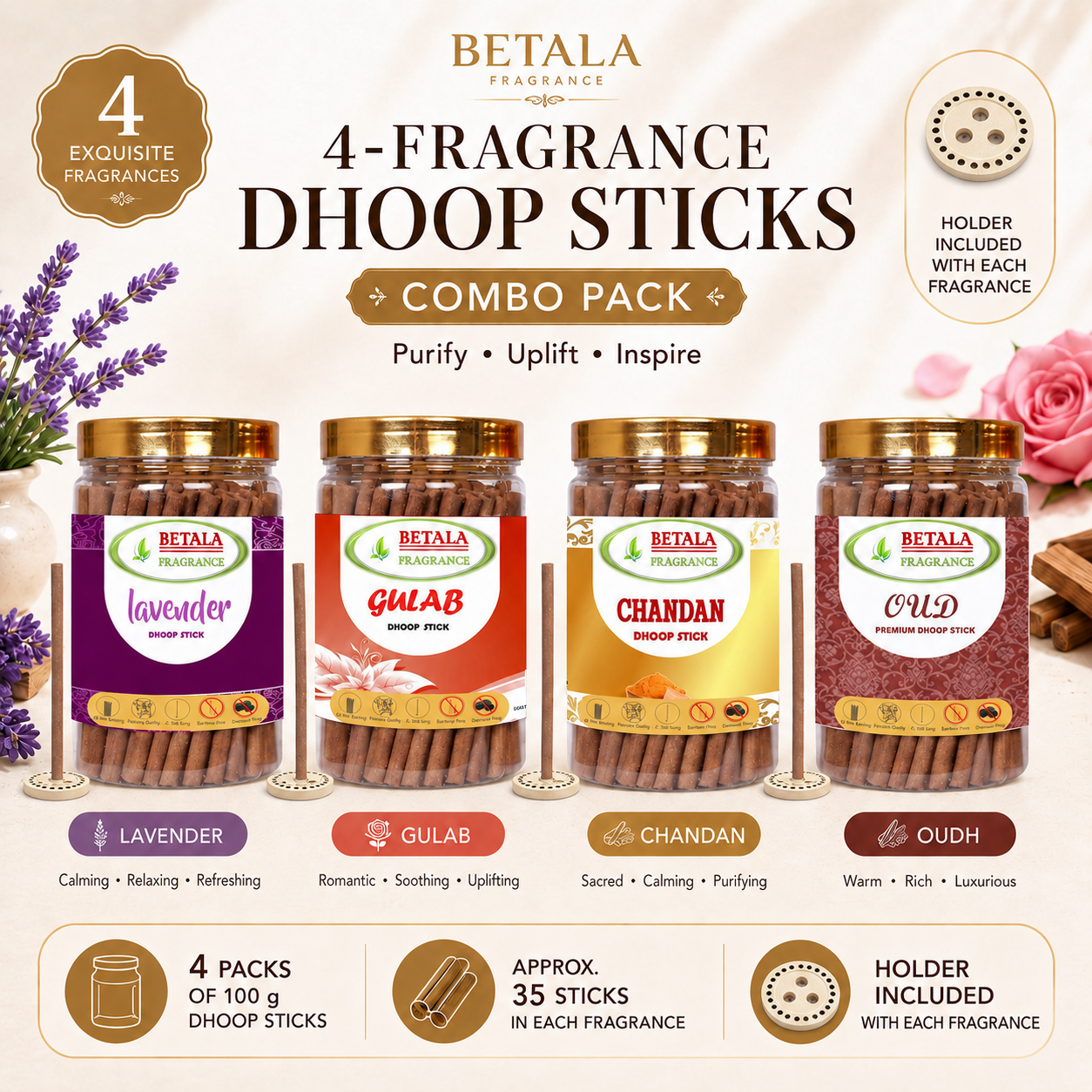 Betala Fragrance Chandan, Gulab, Lavender & Oud Dhoop Stick Promotional Bundle (100 g X 4 Pack)