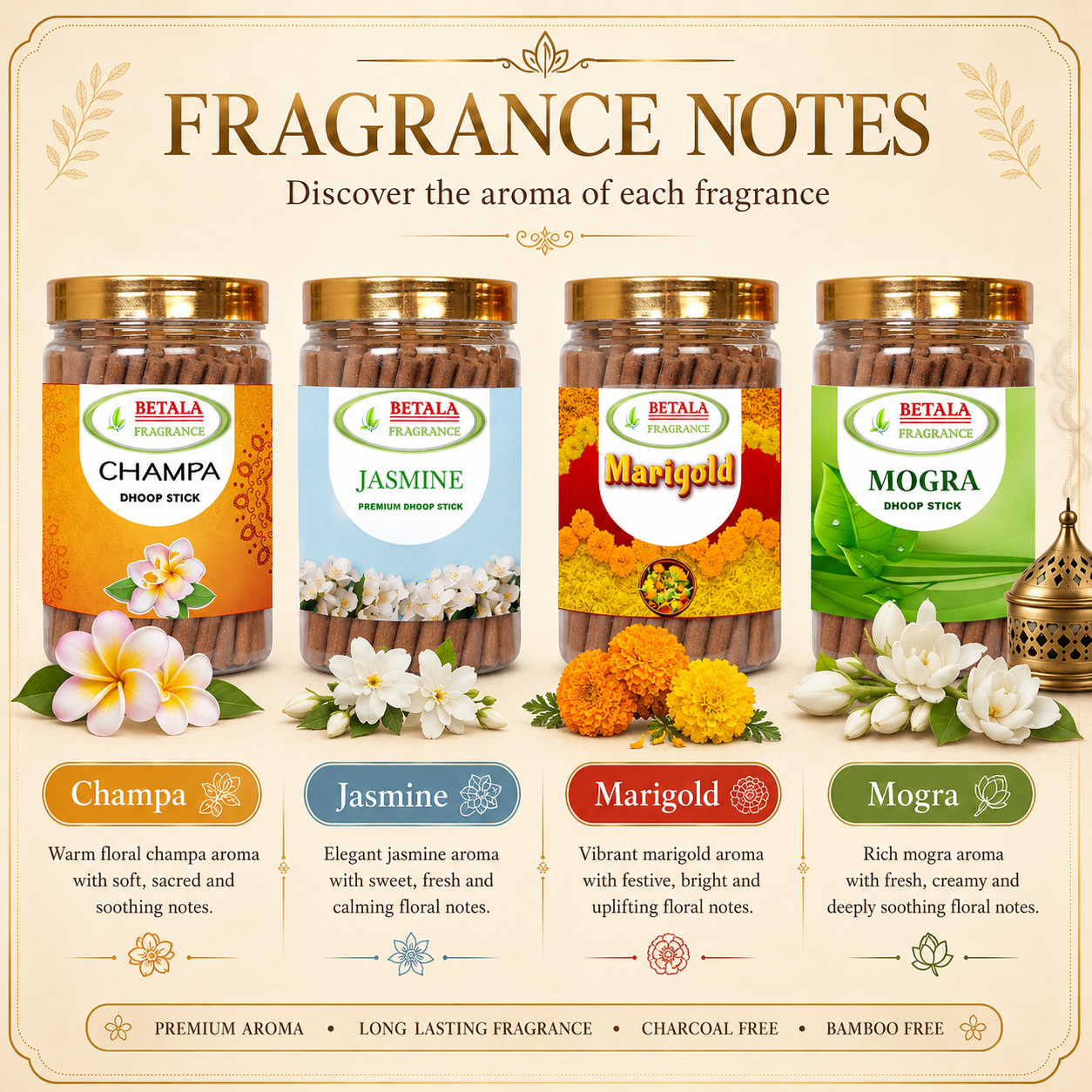 Betala Fragrance Jasmine, Marigold, Champa & Mogra Dhoop Stick Promotional Bundle (100 g X 4 Pack)