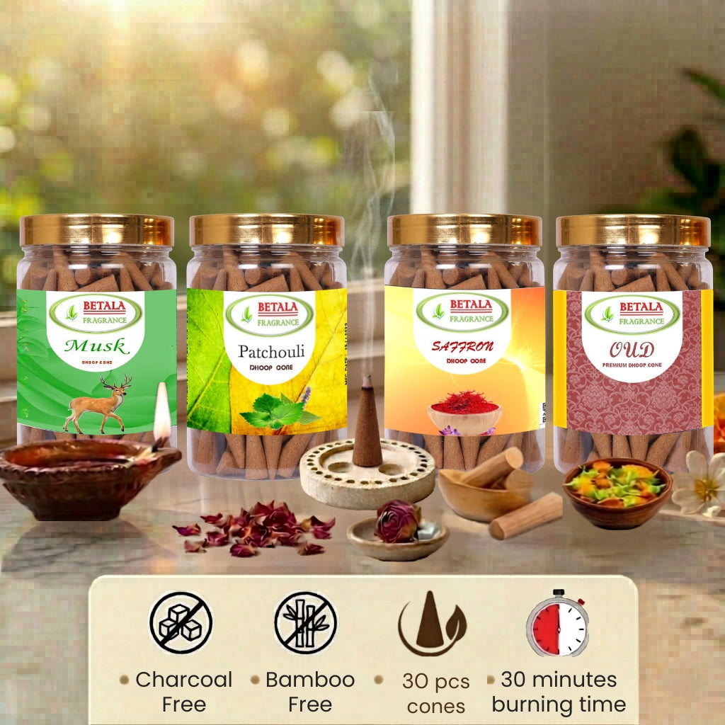 Betala Fragrance Musk, Oudh, Patchouli & Saffron Dhoop Cone Promotional Bundle (30 pc X 4 Pack)