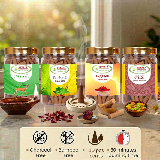 Betala Fragrance Musk, Oudh, Patchouli & Saffron Dhoop Cone Promotional Bundle (30 pc X 4 Pack)