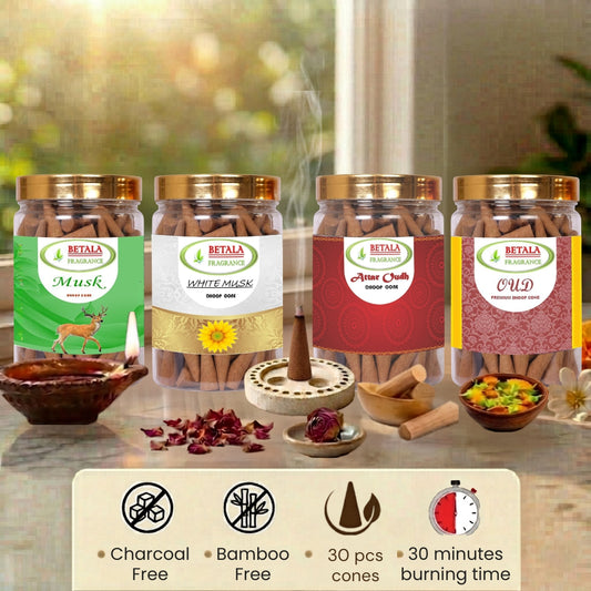 Betala Fragrance Attar oud, Oudh, Musk & White Musk Dhoop Cone Promotional Bundle (30 pc X 4 Pack)