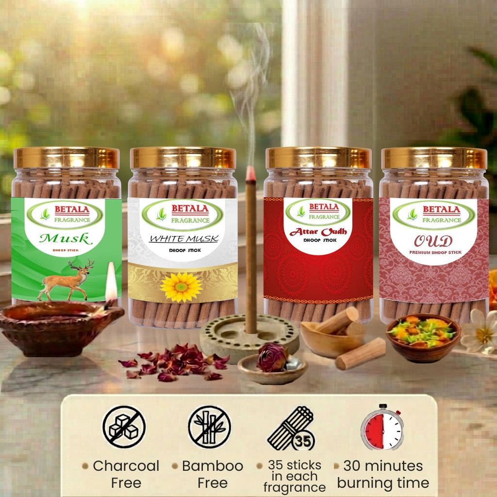 Betala Fragrance Attar oud, Oudh, Musk & White Musk Dhoop Stick Promotional Bundle (100 g X 4 Pack)